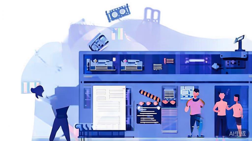 Flat vector illustration of collaboration in short drama production, dashboard style, soft blue gradient