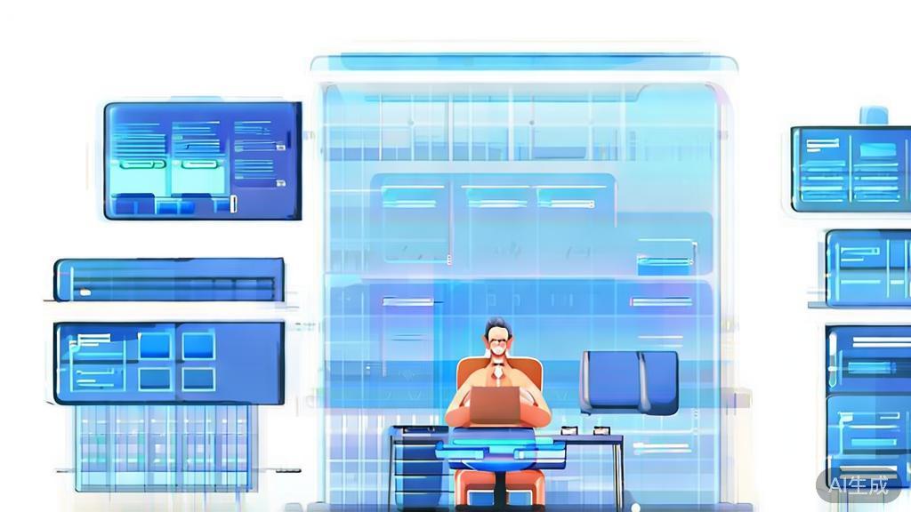 Flat vector illustration of a middle-aged entrepreneur using digital tools, dashboard style, soft blue gradient