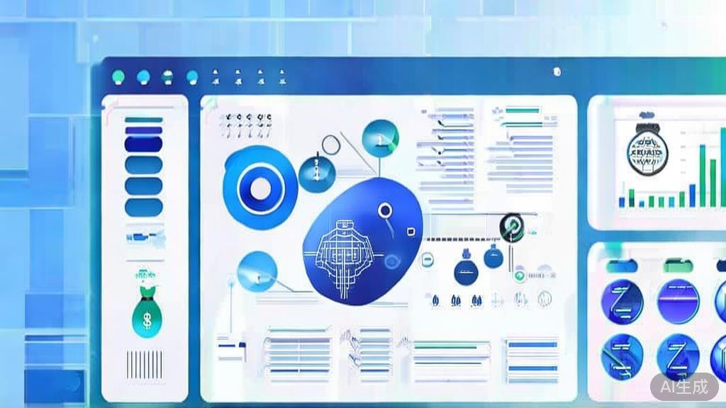 "Flat vector illustration of AI in financial risk control, dashboard style, soft blue gradient"