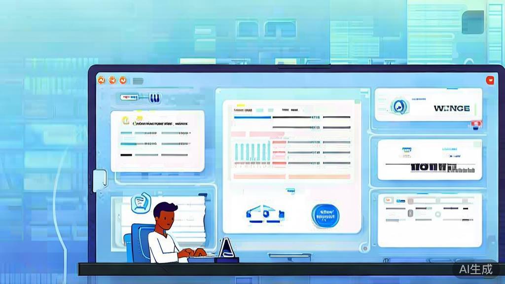 Flat vector illustration of a successful scriptwriter using AI tool, dashboard style, soft blue gradient