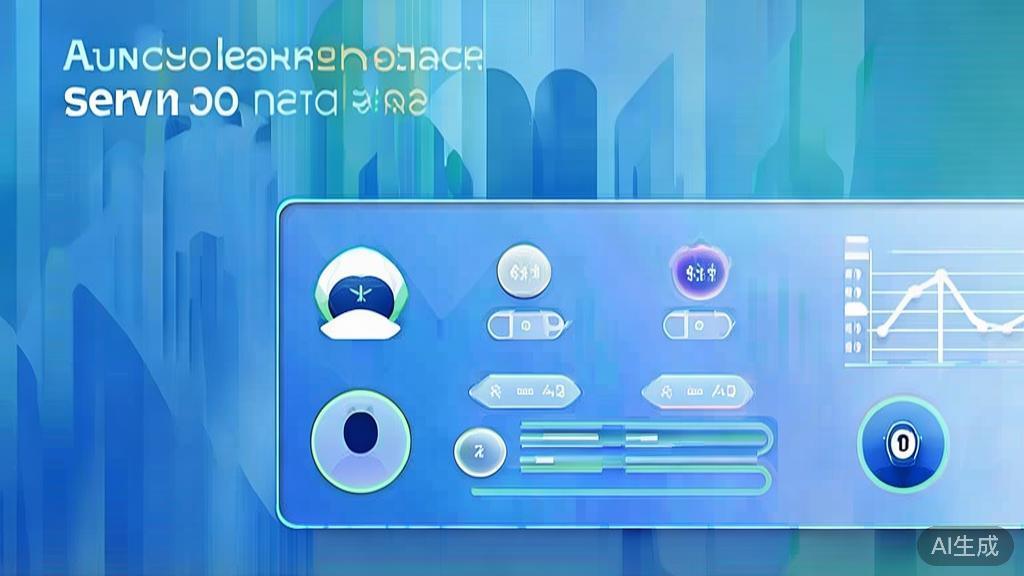 Flat vector illustration of AI customer service system, dashboard style, soft blue gradient