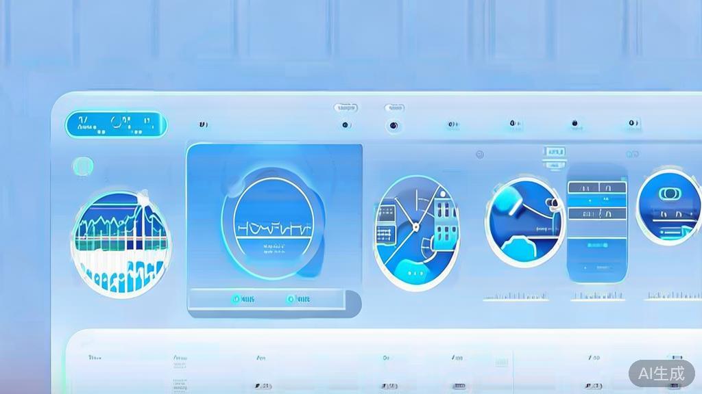 Flat vector illustration of AI health management application, dashboard style, soft blue gradient