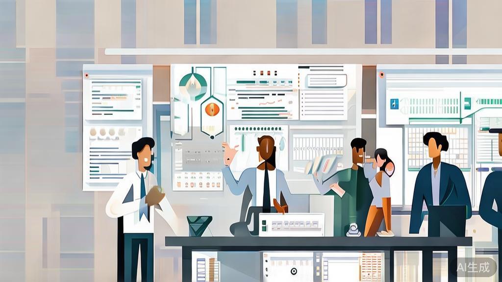High-quality illustration of a diverse team collaborating on AI projects, minimal flat design