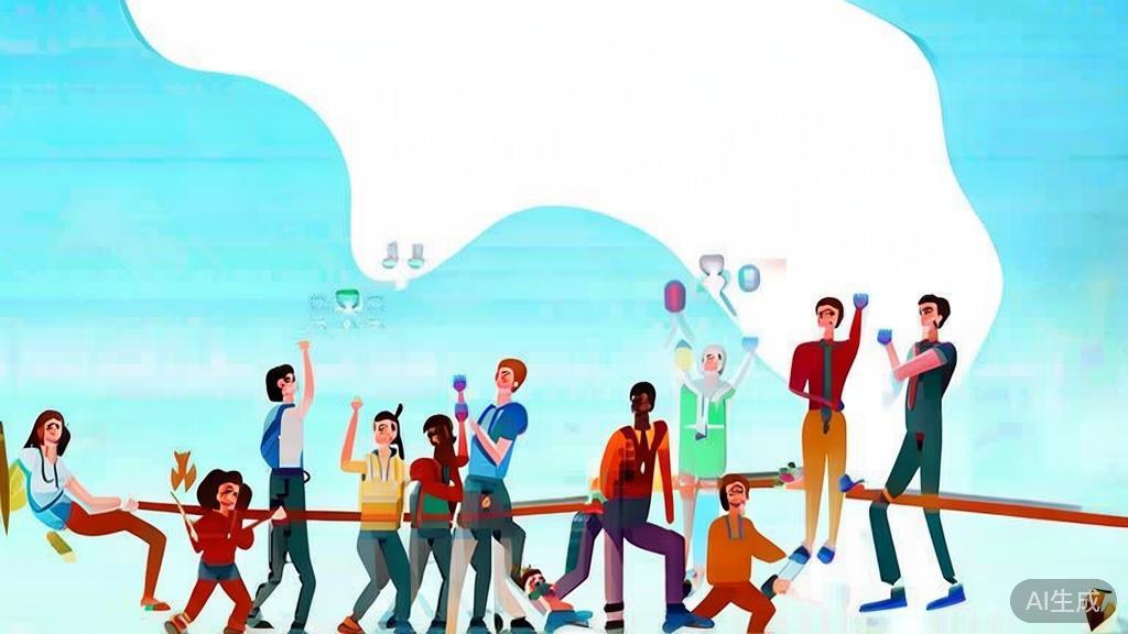 Flat vector illustration of team building activities, showcasing a happy and collaborative environment, soft blue gradient
