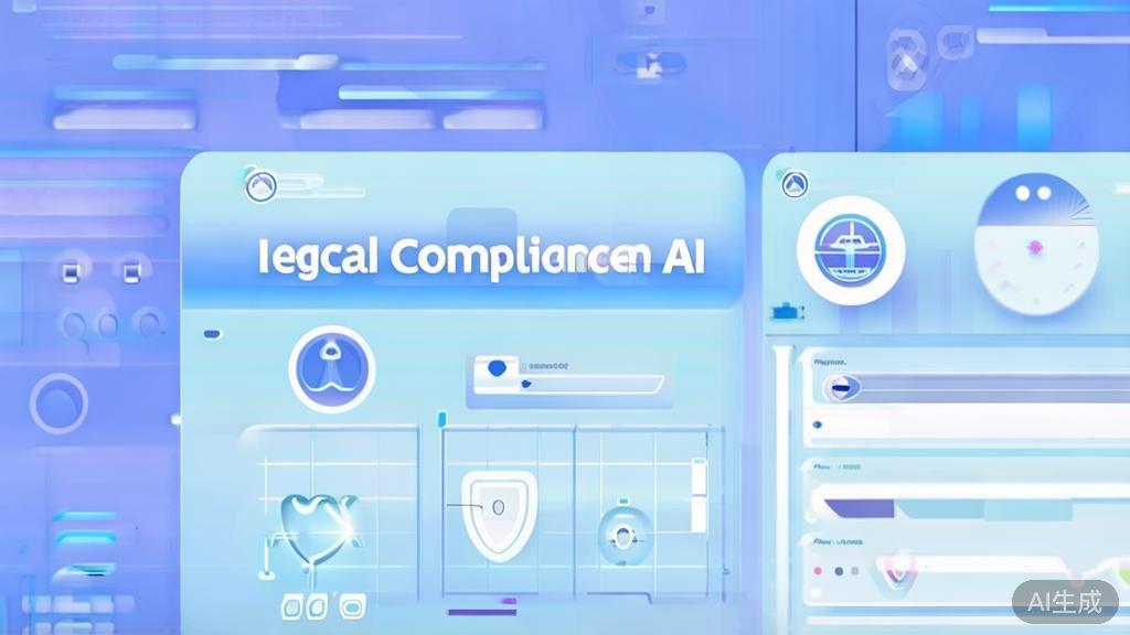 Flat vector illustration of legal compliance in AI, dashboard style, soft blue gradient
