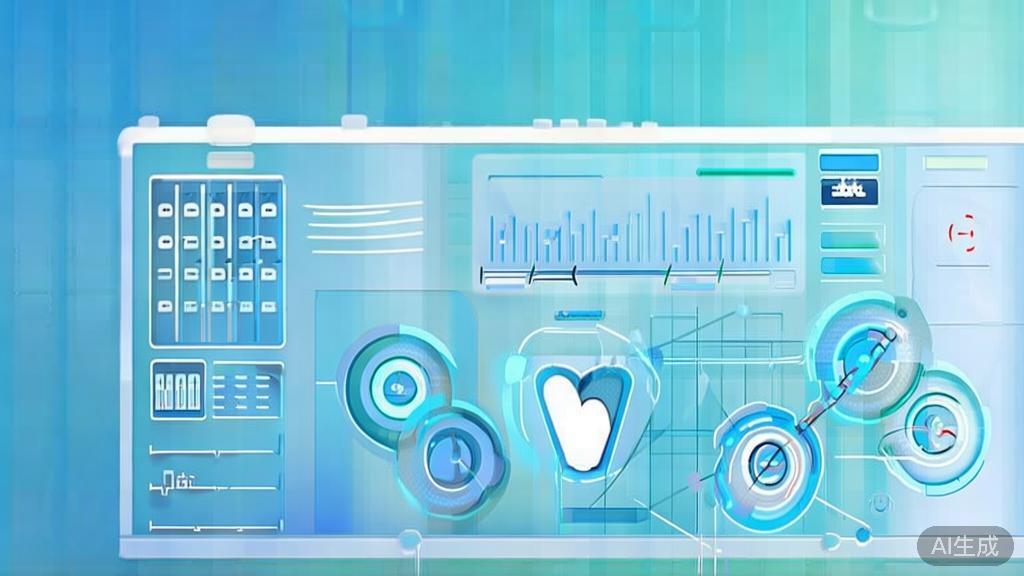 Flat vector illustration of health management using AI, dashboard style, soft blue gradient