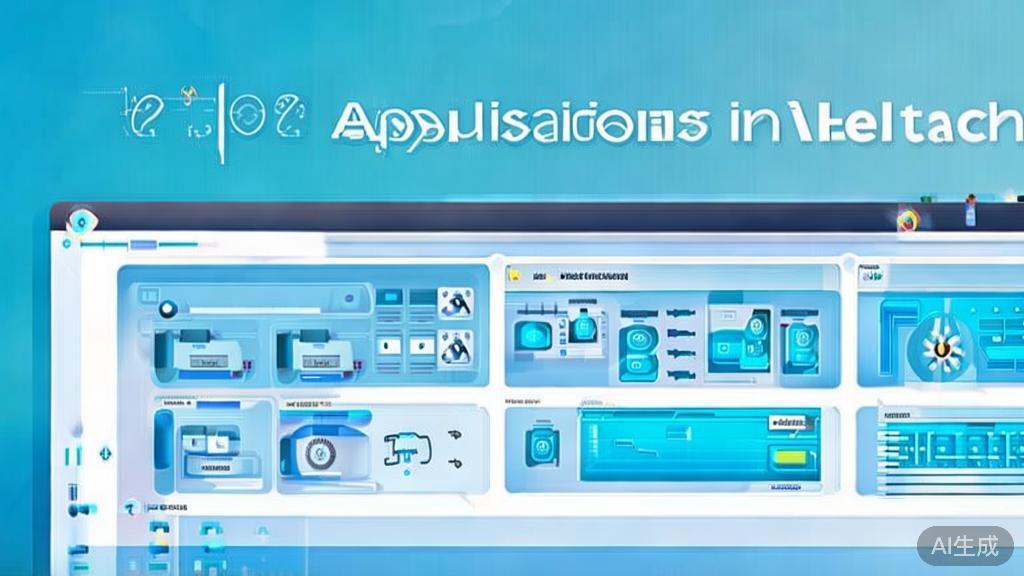 Flat vector illustration of AI applications in healthcare, dashboard style, soft blue gradient