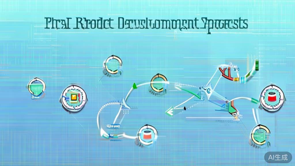 Flat vector illustration of product development process in AI, dashboard style, soft blue gradient