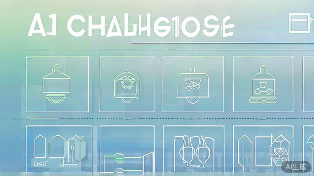 Flat vector illustration of AI challenges, dashboard style, soft blue gradient