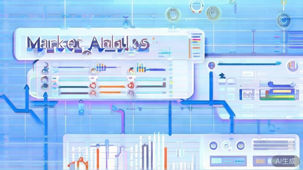 Flat vector illustration of market analysis process, dashboard style, soft blue gradient