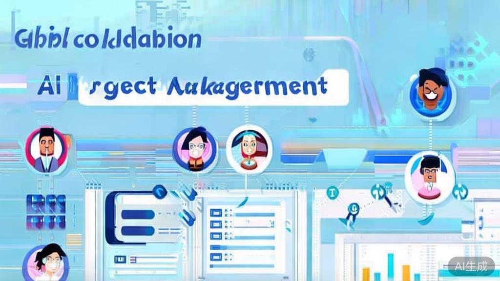 "Flat vector illustration of global collaboration in AI project management, dashboard style, soft blue gradient"