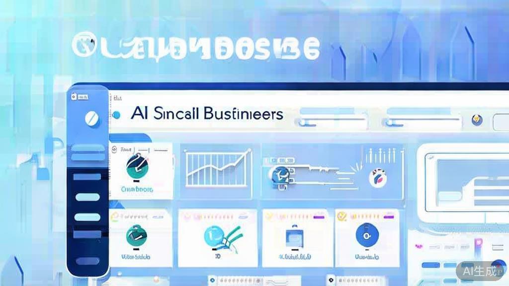 Flat vector illustration of AI applications in small businesses, dashboard style, soft blue gradient