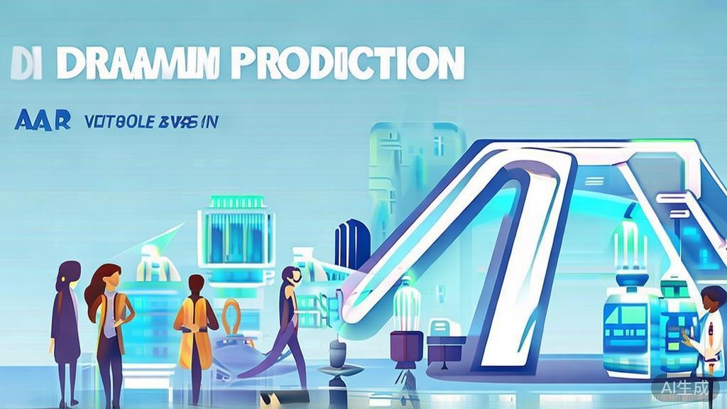 Flat vector illustration of future trends in AI drama production, incorporating VR and AR elements, soft blue gradient