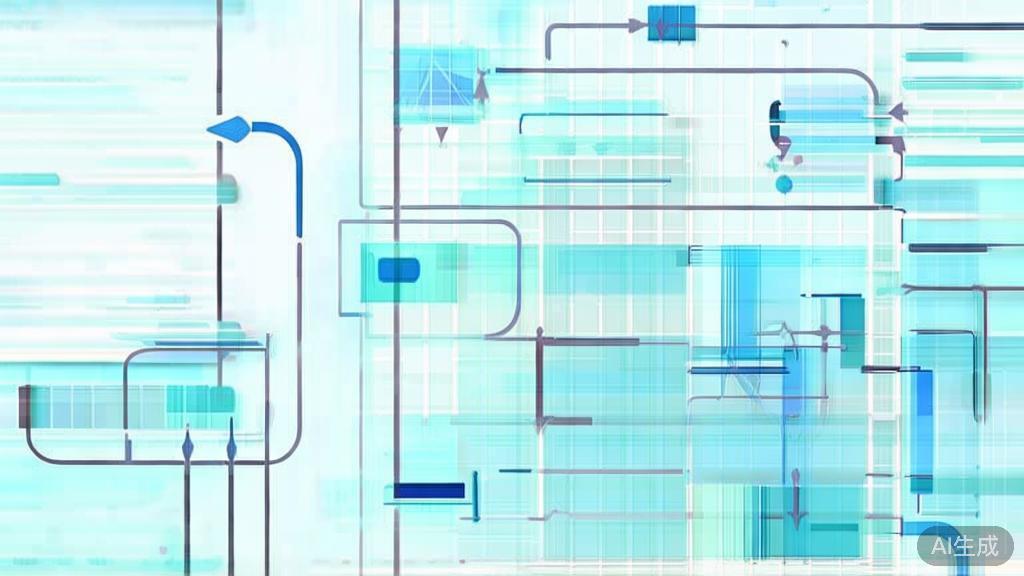 "Flat vector illustration of script structure with flow chart, soft blue gradient"
