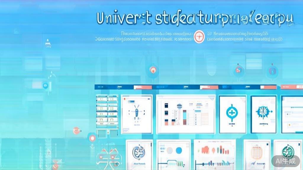Flat vector illustration of university student startup journey, dashboard style, soft blue gradient
