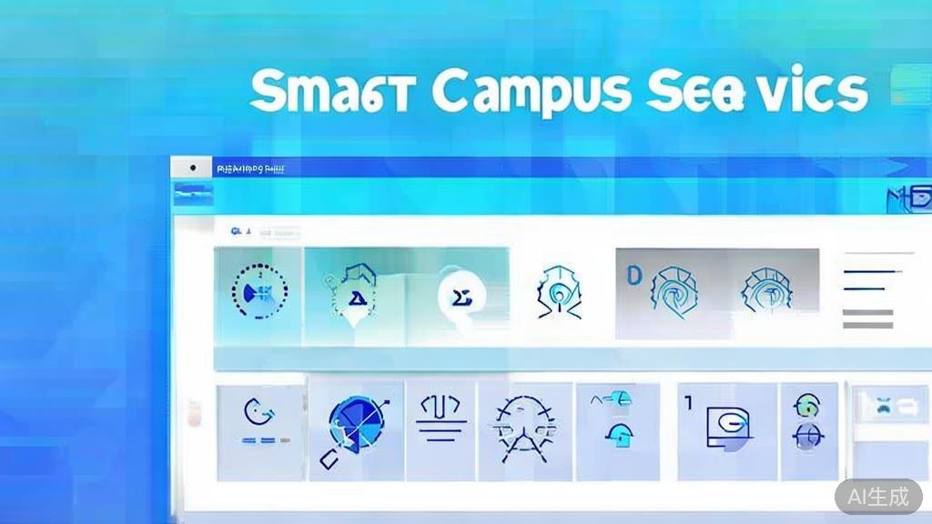 Flat vector illustration of smart campus services, dashboard style, soft blue gradient