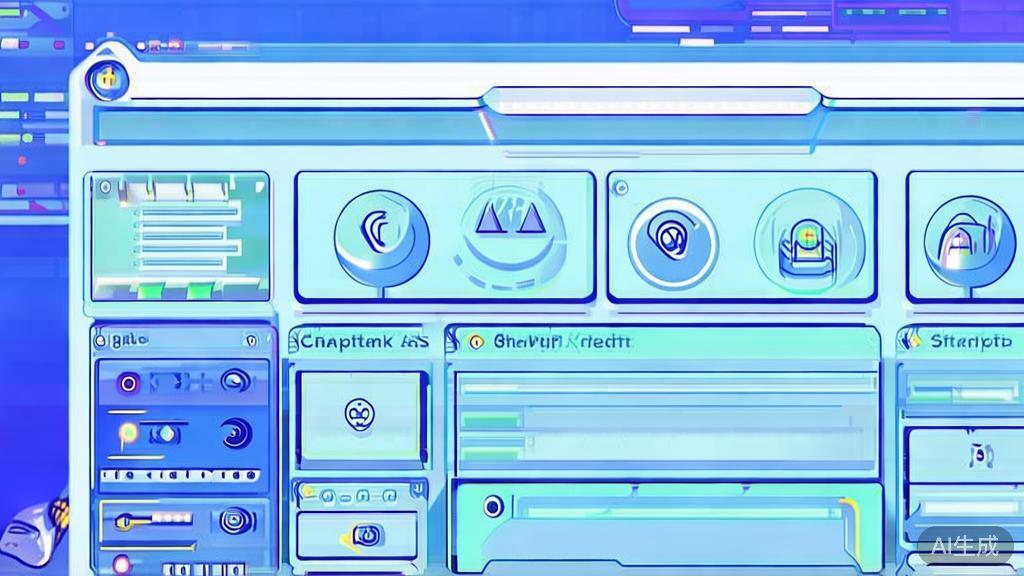 Flat vector illustration of user interface of AI drama software, dashboard style, soft blue gradient