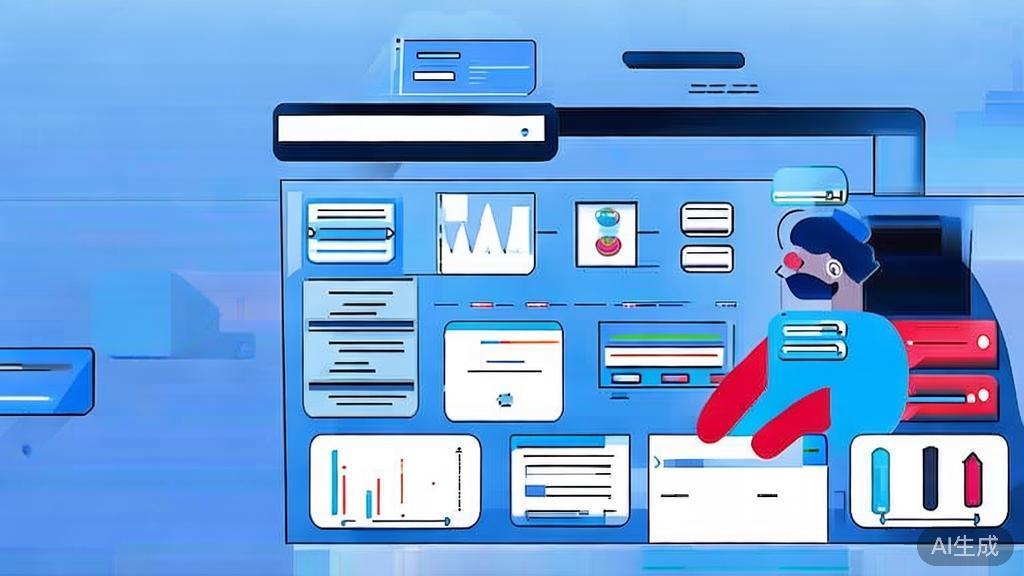 "Flat vector illustration of a person utilizing AI tools for entrepreneurship, dashboard style, soft blue gradient"