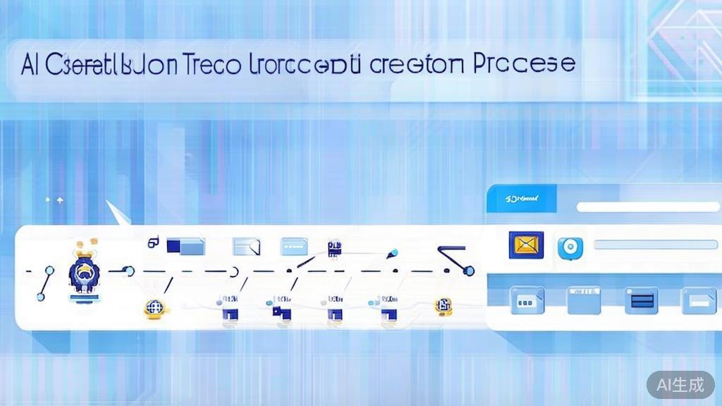 Flat vector illustration of AI content creation process, dashboard style, soft blue gradient