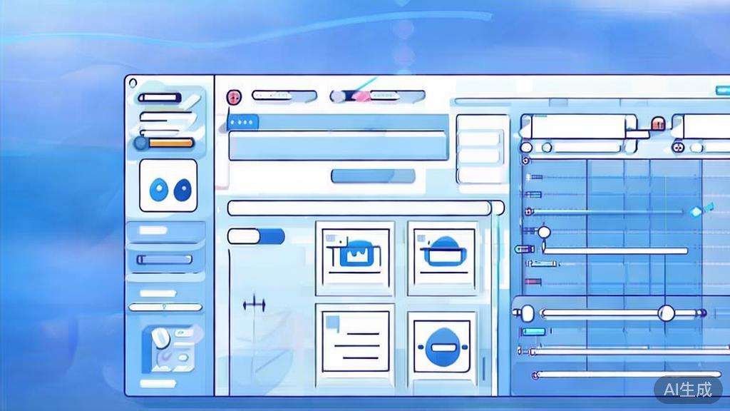 Flat vector illustration of AI technology in video editing, dashboard style, soft blue gradient