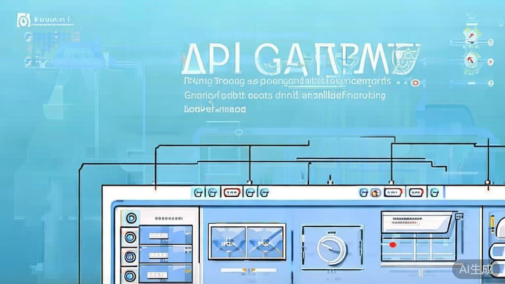 Flat vector illustration of API Gateway managing requests, dashboard style, soft blue gradient