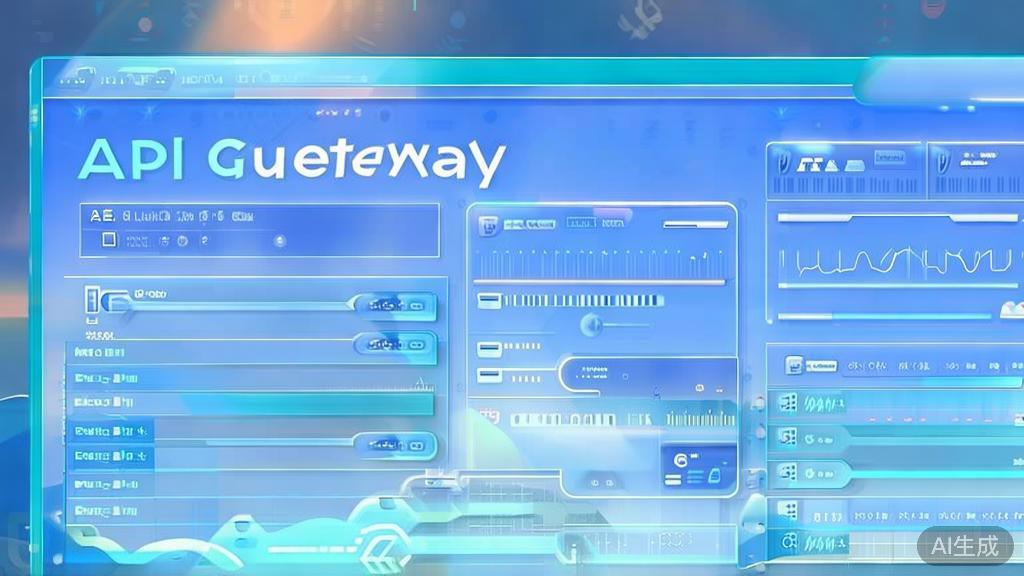 Flat vector illustration of future trends in API Gateway, dashboard style, soft blue gradient