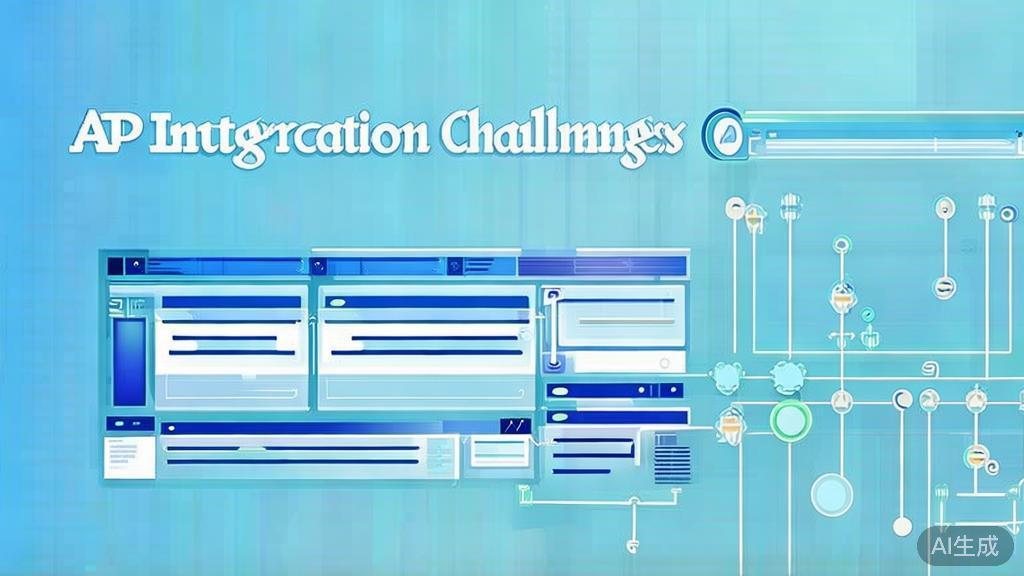 "Flat vector illustration of API integration challenges, dashboard style, soft blue gradient"