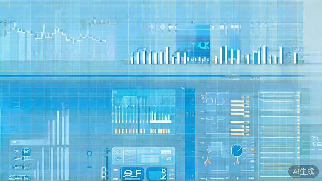 "Flat vector illustration of data analysis, dashboard style, soft blue gradient"
