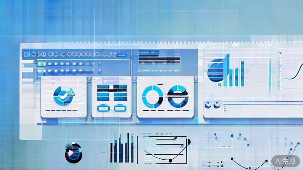 Flat vector illustration of data analysis in finance, dashboard style, soft blue gradient