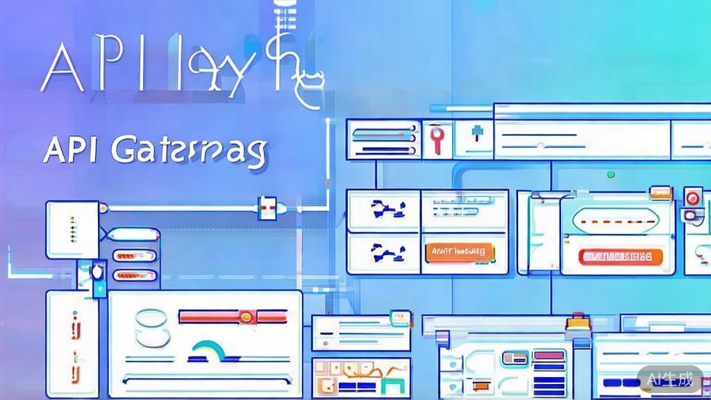 Flat vector illustration of API Gateway features, dashboard style, soft blue gradient