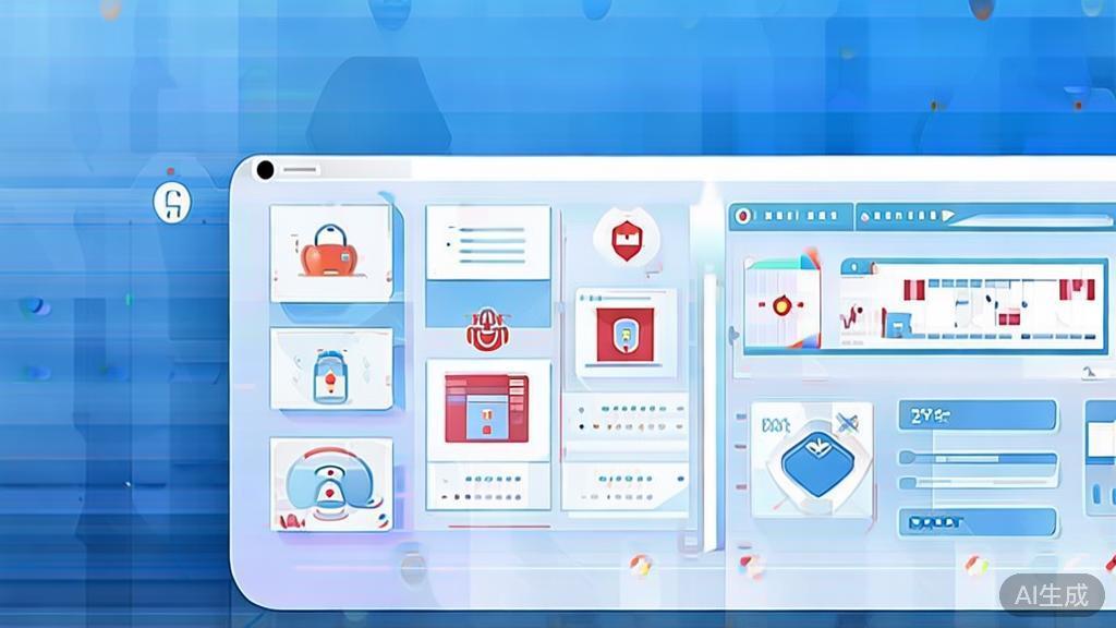 Flat vector illustration of API security concepts, dashboard style, soft blue gradient
