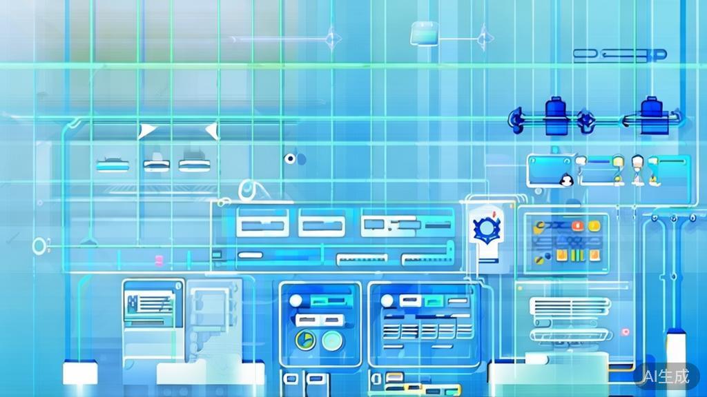 Flat vector illustration of API integration in a factory setting, dashboard style, soft blue gradient