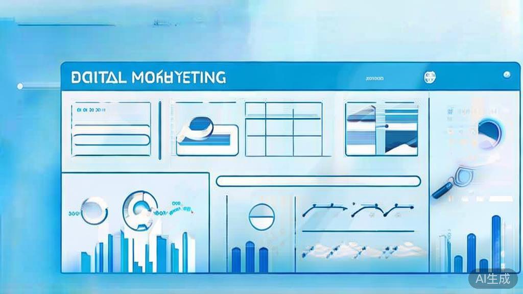 Flat vector illustration of data analysis in digital marketing, dashboard style, soft blue gradient