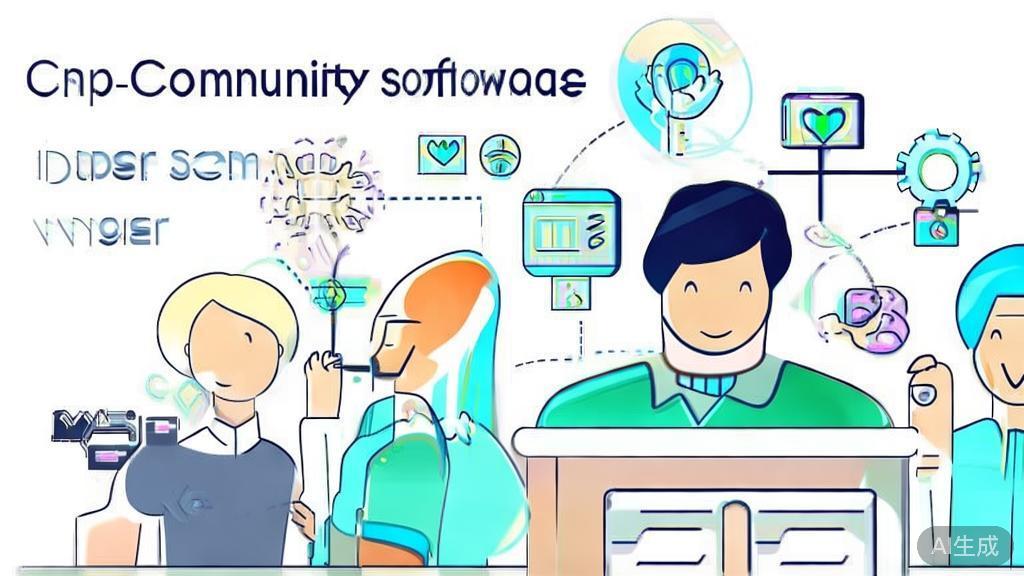 High-quality business illustration regarding community support for software, minimal flat design