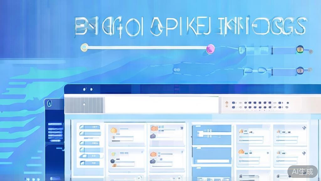 Flat vector illustration of大模型API关键技术, dashboard style, soft blue gradient