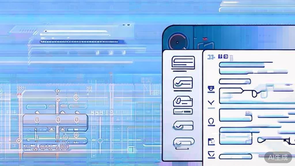 Flat vector illustration of document processing with AI, dashboard style, soft blue gradient