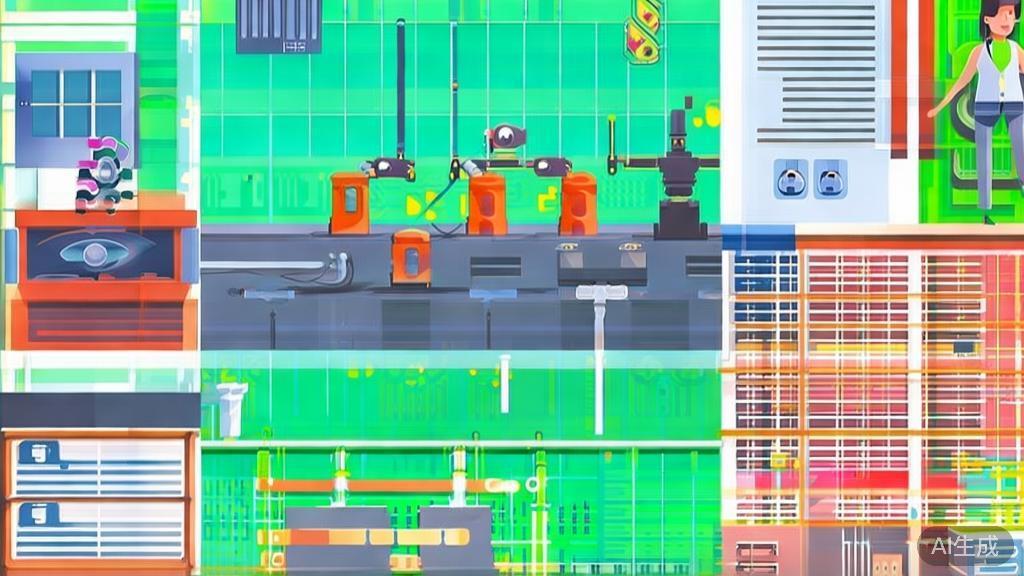 High-quality illustration showcasing diverse applications of AI in different industries, minimal flat design