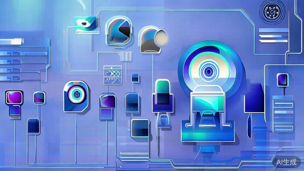 "Flat vector illustration of IoT devices connected via API gateway, dashboard style, soft blue gradient"