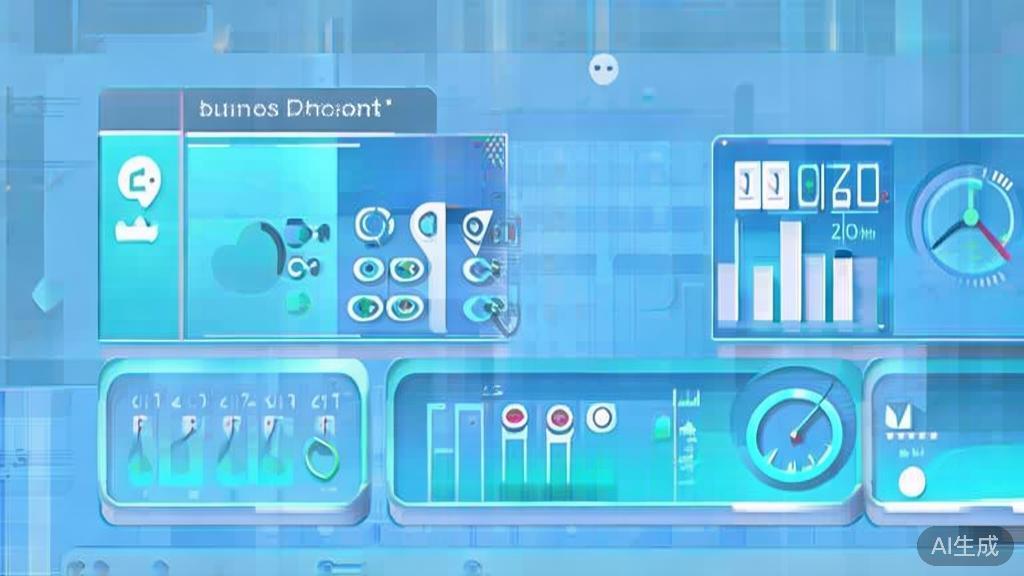 "Flat vector illustration of business efficiency, dashboard style, soft blue gradient"