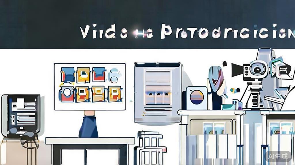 Flat vector illustration of a creative process in video production, showcasing brainstorming, filming, and editing stages, minimal flat design