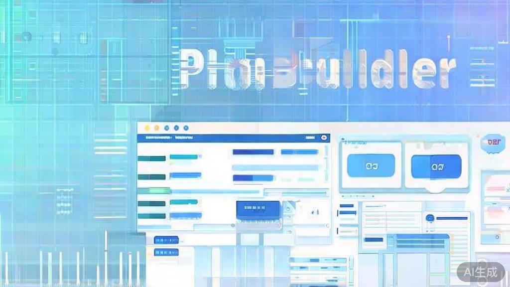 Flat vector illustration of PlotBuilder software features, dashboard style, soft blue gradient