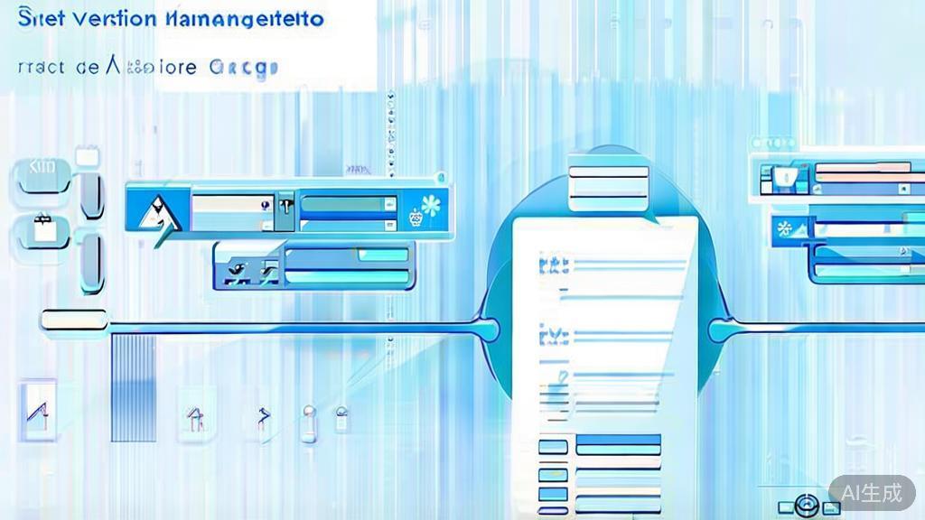 Flat vector illustration of a script version management tool for AI drama, emphasizing efficiency, soft blue gradient