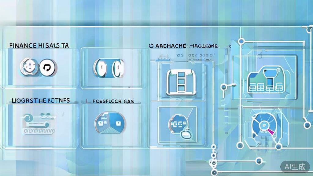Flat vector illustration of blockchain technology applications in different industries, dashboard style, soft blue gradient
