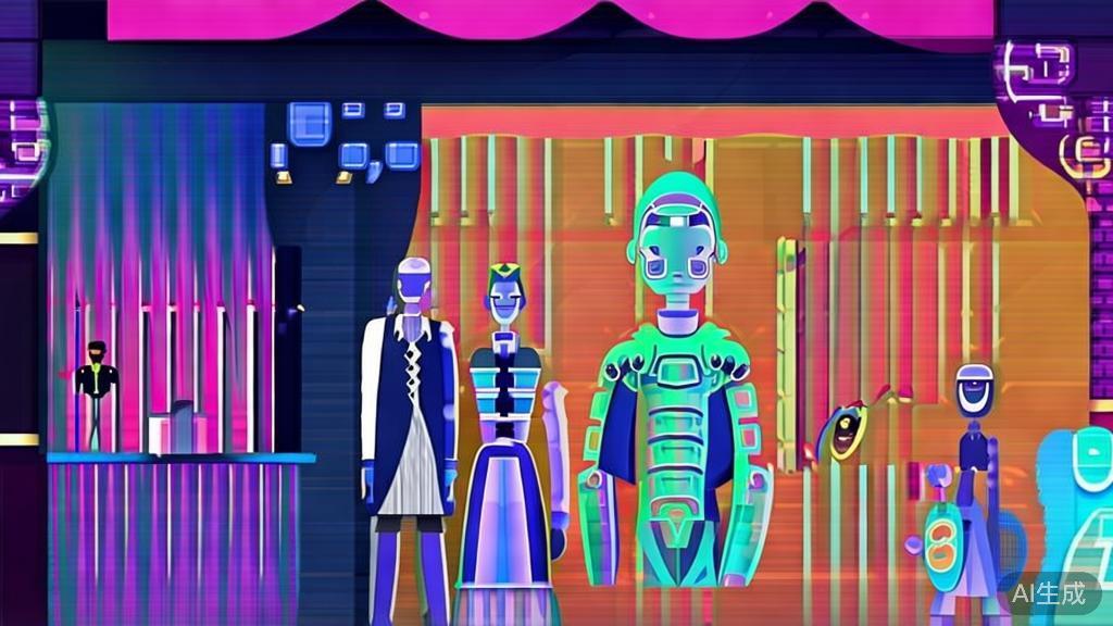 "Flat vector illustration showing a combination of AI and traditional theater, showcasing innovative storytelling"