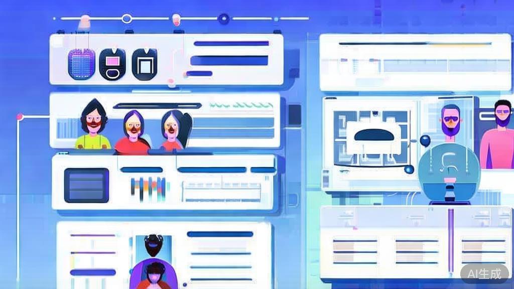 Flat vector illustration of creative team utilizing AI technology, dashboard style, soft blue gradient