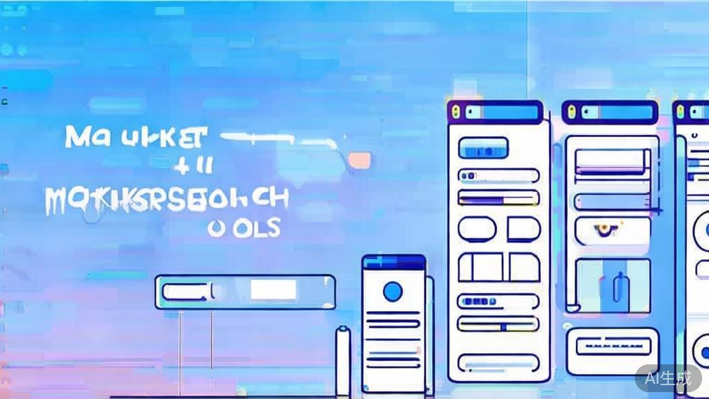 Flat vector illustration of Market Research for AI Tools, dashboard style, soft blue gradient