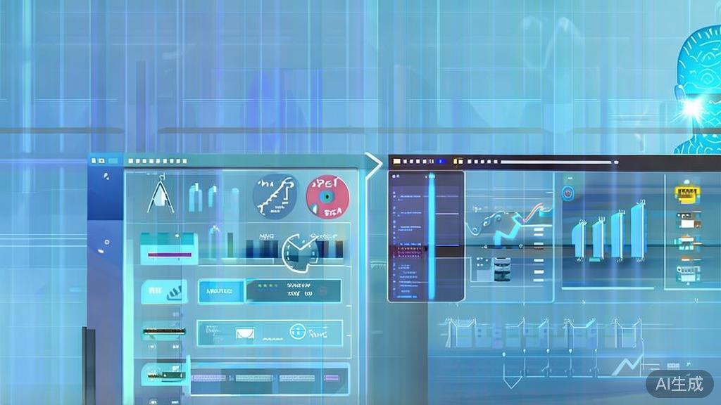 Flat vector illustration of AI technology in business, dashboard style, soft blue gradient