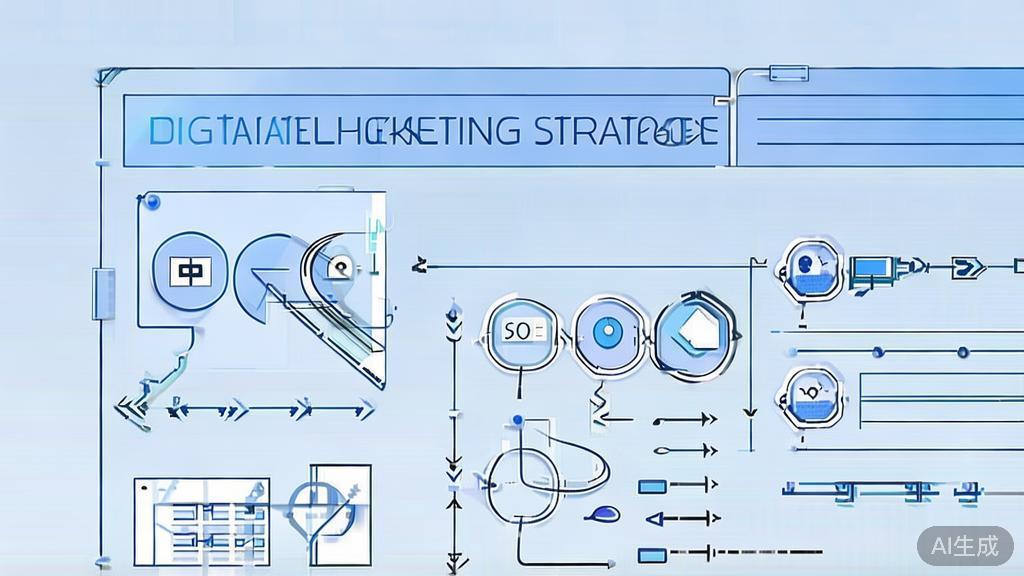 "Flat vector illustration of digital marketing strategies, dashboard style, soft blue gradient"