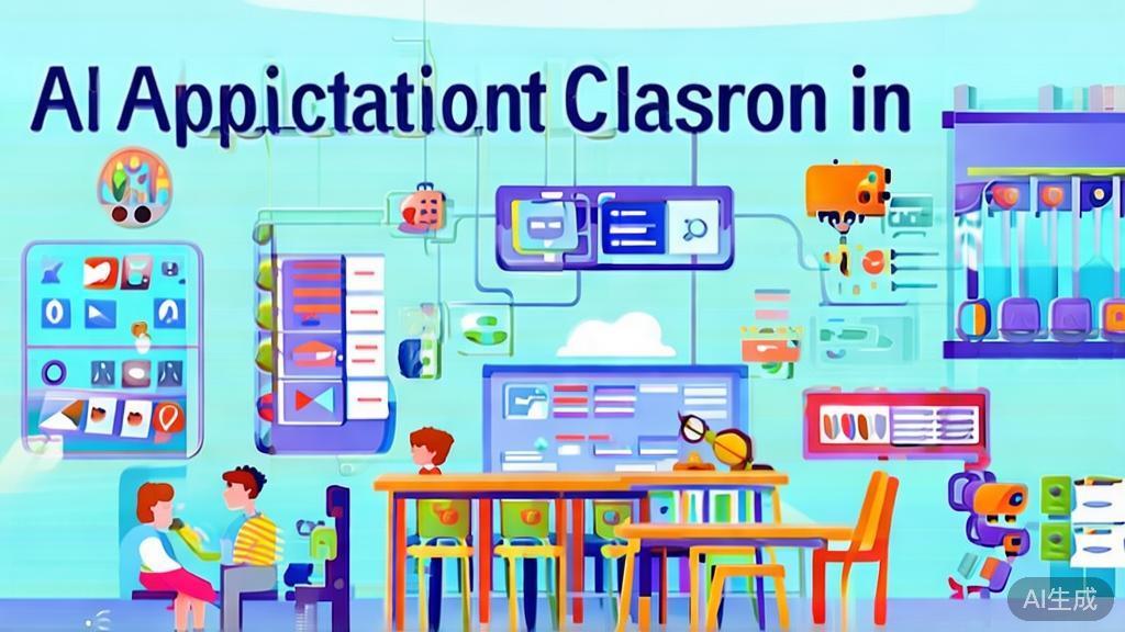 "Flat vector illustration of AI applications in education, featuring personalized learning and automated grading"