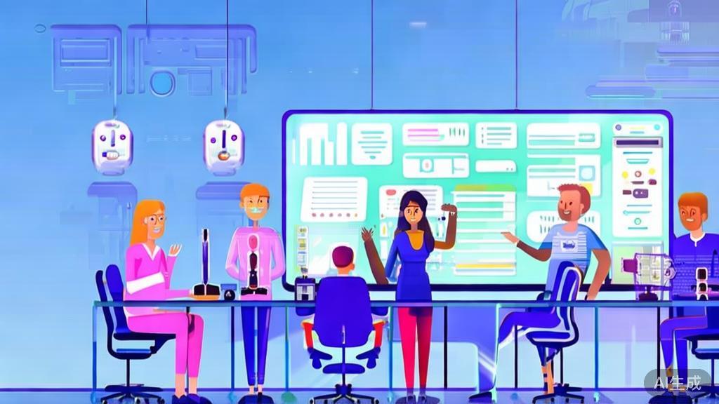 Flat vector illustration of diverse AI startup team working together, dashboard style, soft blue gradient